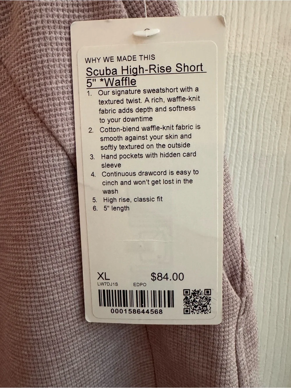 LULULEMON Scuba High-Rise Short 5"
Waffle Heathered Porcelain Pink Size XL NWT - Picture 6 of 7